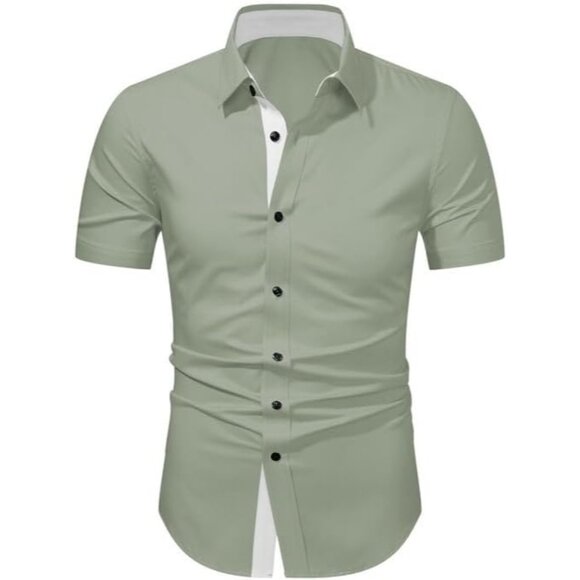 Men's 2 Green Casual Button Down Wrinkle-Free Short Sleeve Business Dress Shirt - Picture 7 of 9
